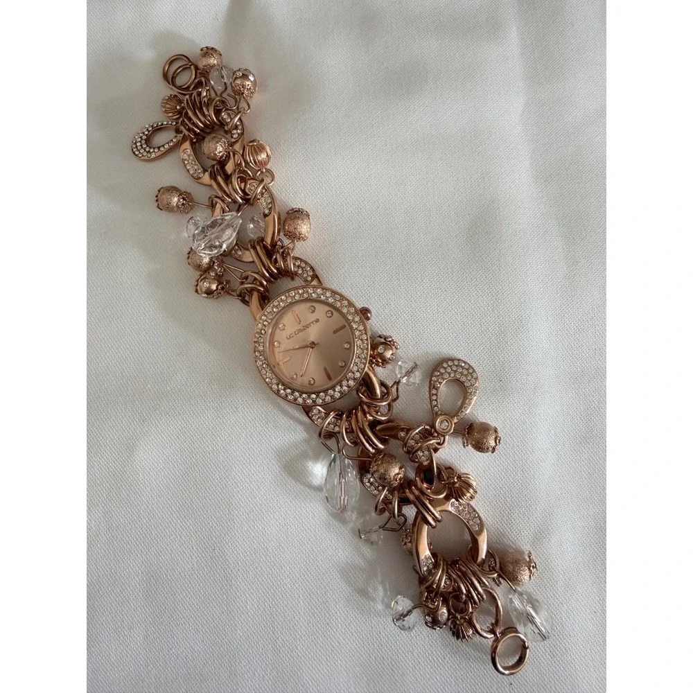 Liz Claiborne Charm Bracelet Watch Womens OS Rose Gold Excellent Crystal LC1204